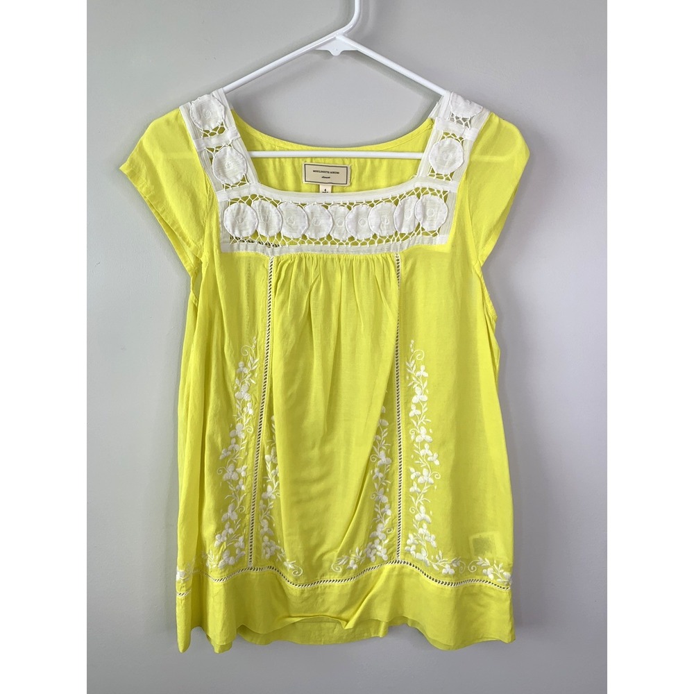 Anthropologie Moulinette Soeurs Womens Yellow Embroidered Top Size Size 4